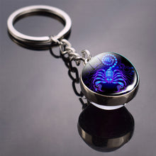 Load image into Gallery viewer, Creative 12 Constellation Luminous Key Ring Time Stone Double-Sided Glass Ball Metal Keychain Pendant Key Chain Accessories