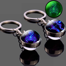 Load image into Gallery viewer, Creative 12 Constellation Luminous Key Ring Time Stone Double-Sided Glass Ball Metal Keychain Pendant Key Chain Accessories