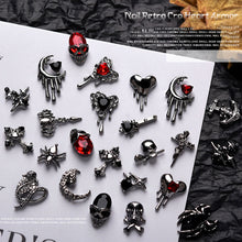 Load image into Gallery viewer, 1pc Retro Dark Gothic Punk Style Alloy 3D Nail Art Charms Heart Skeleton Spider Cross Design for Halloween Nails Decoration Accessories