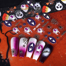 Load image into Gallery viewer, Halloween Fun Gothic Nails Stiletto Embossed Stickers Black Belt Pumpkin Spider Skull Web Gel Polish Engraved Nail Decor Nail Sticker