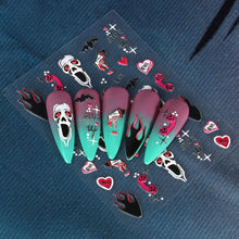 Load image into Gallery viewer, Halloween Fun Gothic Nails Stiletto Embossed Stickers Black Belt Pumpkin Spider Skull Web Gel Polish Engraved Nail Decor Nail Sticker