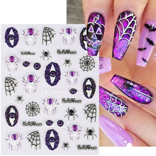 Load image into Gallery viewer, Halloween Fun Gothic Nails Stiletto Embossed Stickers Black Belt Pumpkin Spider Skull Web Gel Polish Engraved Nail Decor Nail Sticker