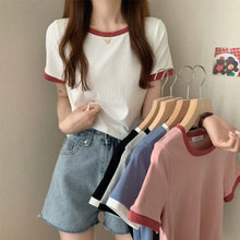 Load image into Gallery viewer, Korean Style T-shirt for Women Solid O-neck Fashion Short Sleeve All-match Summer Tops Chic Girls College Elegant Streetwear Ins