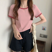 Load image into Gallery viewer, Korean Style T-shirt for Women Solid O-neck Fashion Short Sleeve All-match Summer Tops Chic Girls College Elegant Streetwear Ins