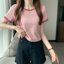Load image into Gallery viewer, Korean Style T-shirt for Women Solid O-neck Fashion Short Sleeve All-match Summer Tops Chic Girls College Elegant Streetwear Ins