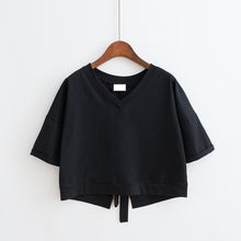 Load image into Gallery viewer, Korean Style Women Casual T-shirt Summer V-neck Short Sleeve Shirts Back Tie Basic Tops Solid White Black Shirts