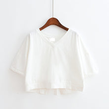 Load image into Gallery viewer, Korean Style Women Casual T-shirt Summer V-neck Short Sleeve Shirts Back Tie Basic Tops Solid White Black Shirts