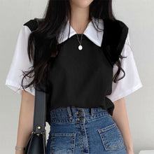 Load image into Gallery viewer, School Style Fake 2 pieces T-shirts Contrast Color Shirts Women Girls Summer Casual Loose Tops Turndown Collar Shirts