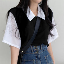 Load image into Gallery viewer, School Style Fake 2 pieces T-shirts Contrast Color Shirts Women Girls Summer Casual Loose Tops Turndown Collar Shirts