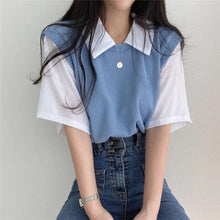 Load image into Gallery viewer, School Style Fake 2 pieces T-shirts Contrast Color Shirts Women Girls Summer Casual Loose Tops Turndown Collar Shirts