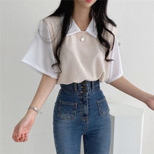 Load image into Gallery viewer, School Style Fake 2 pieces T-shirts Contrast Color Shirts Women Girls Summer Casual Loose Tops Turndown Collar Shirts