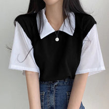 Load image into Gallery viewer, School Style Fake 2 pieces T-shirts Contrast Color Shirts Women Girls Summer Casual Loose Tops Turndown Collar Shirts