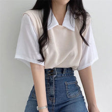Load image into Gallery viewer, School Style Fake 2 pieces T-shirts Contrast Color Shirts Women Girls Summer Casual Loose Tops Turndown Collar Shirts