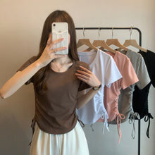 Load image into Gallery viewer, Drawstring Short-Sleeved T-shirt Women's 2024 Summer Thin Versatile Pullover O-neck Fashion Slim Fit Short Top Versatile Base Tee