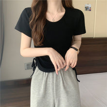 Load image into Gallery viewer, Drawstring Short-Sleeved T-shirt Women's 2024 Summer Thin Versatile Pullover O-neck Fashion Slim Fit Short Top Versatile Base Tee