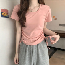 Load image into Gallery viewer, Drawstring Short-Sleeved T-shirt Women's 2024 Summer Thin Versatile Pullover O-neck Fashion Slim Fit Short Top Versatile Base Tee