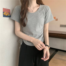 Load image into Gallery viewer, Drawstring Short-Sleeved T-shirt Women's 2024 Summer Thin Versatile Pullover O-neck Fashion Slim Fit Short Top Versatile Base Tee