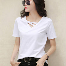 Load image into Gallery viewer, Korean Style Women Casual T-shirt Summer V-neck Short Sleeve Shirts All-mactch Basic Tops Solid White Black Shirts
