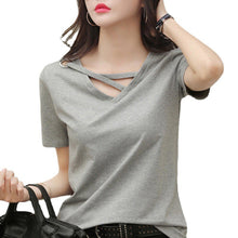 Load image into Gallery viewer, Korean Style Women Casual T-shirt Summer V-neck Short Sleeve Shirts All-mactch Basic Tops Solid White Black Shirts