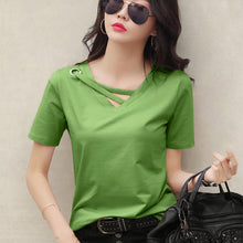 Load image into Gallery viewer, Korean Style Women Casual T-shirt Summer V-neck Short Sleeve Shirts All-mactch Basic Tops Solid White Black Shirts