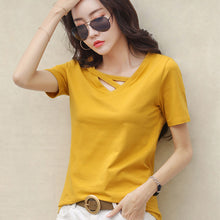 Load image into Gallery viewer, Korean Style Women Casual T-shirt Summer V-neck Short Sleeve Shirts All-mactch Basic Tops Solid White Black Shirts