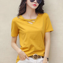 Load image into Gallery viewer, Korean Style Women Casual T-shirt Summer V-neck Short Sleeve Shirts All-mactch Basic Tops Solid White Black Shirts