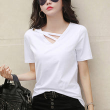 Load image into Gallery viewer, Korean Style Women Casual T-shirt Summer V-neck Short Sleeve Shirts All-mactch Basic Tops Solid White Black Shirts