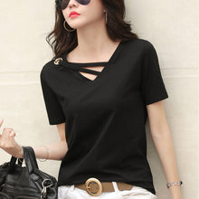 Load image into Gallery viewer, Korean Style Women Casual T-shirt Summer V-neck Short Sleeve Shirts All-mactch Basic Tops Solid White Black Shirts