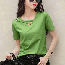 Load image into Gallery viewer, Korean Style Women Casual T-shirt Summer V-neck Short Sleeve Shirts All-mactch Basic Tops Solid White Black Shirts