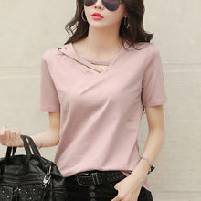Load image into Gallery viewer, Korean Style Women Casual T-shirt Summer V-neck Short Sleeve Shirts All-mactch Basic Tops Solid White Black Shirts
