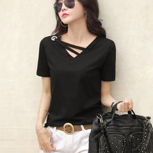 Load image into Gallery viewer, Korean Style Women Casual T-shirt Summer V-neck Short Sleeve Shirts All-mactch Basic Tops Solid White Black Shirts