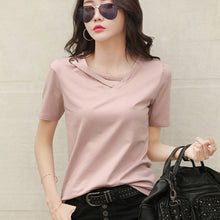 Load image into Gallery viewer, Korean Style Women Casual T-shirt Summer V-neck Short Sleeve Shirts All-mactch Basic Tops Solid White Black Shirts