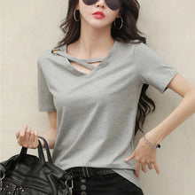 Load image into Gallery viewer, Korean Style Women Casual T-shirt Summer V-neck Short Sleeve Shirts All-mactch Basic Tops Solid White Black Shirts