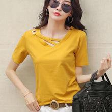 Load image into Gallery viewer, Korean Style Women Casual T-shirt Summer V-neck Short Sleeve Shirts All-mactch Basic Tops Solid White Black Shirts