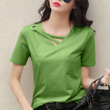 Load image into Gallery viewer, Korean Style Women Casual T-shirt Summer V-neck Short Sleeve Shirts All-mactch Basic Tops Solid White Black Shirts