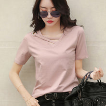 Load image into Gallery viewer, Korean Style Women Casual T-shirt Summer V-neck Short Sleeve Shirts All-mactch Basic Tops Solid White Black Shirts