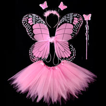 Load image into Gallery viewer, 3/4pcs Kids Butterfly Wings Set Girls Butterfly Dress Headband Wand Halloween Party Costume Children Fairy Props Christmas Photography Clothes Props