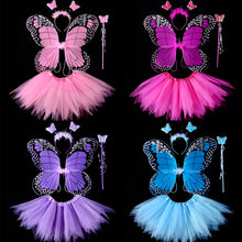 Load image into Gallery viewer, 3/4pcs Kids Butterfly Wings Set Girls Butterfly Dress Headband Wand Halloween Party Costume Children Fairy Props Christmas Photography Clothes Props