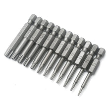 Load image into Gallery viewer, 12pcs 50mm 1/4" Hex Shank Hole Security Torx Bits Magnetic Screwdriver Set Drill Bit Screw Driver Bits Hex Torx Flat Head Hand Tools