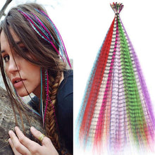 Load image into Gallery viewer, 50pcs Feather Hair Extension Fake Hair Tip Rainbow Synthetic Hair 16inch Hairpiece Feather for Hair Extension Wig False Hair Piece