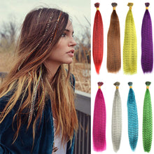 Load image into Gallery viewer, 50pcs Feather Hair Extension Fake Hair Tip Rainbow Synthetic Hair 16inch Hairpiece Feather for Hair Extension Wig False Hair Piece