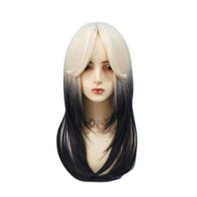 Load image into Gallery viewer, Women's Wig with Long Curly Hair White Gradient Black Synthetic Wig Straight Bangs Slightly Curled Tail Inner Buckle Wig Cover