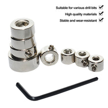 Load image into Gallery viewer, 8pcs Woodworking Drill Depth Stop Bit Collar Set Adjustable Positioner Limit Ring Allen Wrench Tighten Stopper Set Screws Woodworking Tool