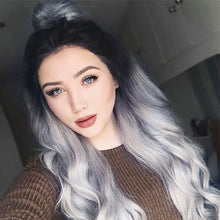 Load image into Gallery viewer, Fashion Female Long Curly Hair with Black and Gray Gradually Changing Color, Synthetic Fiber Long Hair with Large Waves Wig