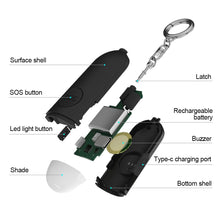 Load image into Gallery viewer, 130dB Self-Protection Alarm With LED Flashlight Outdoor Emergency Call Equipment With Key Chain Rechargeable Anti-Loss Device Locator