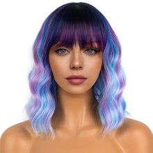 Load image into Gallery viewer, Water Ripple Short Curly Hair Wig, Women's High-temperature Silk Wig Full Set Blue Purple Mixed Dyeing Wig Cover