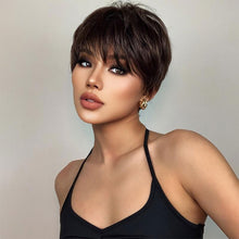 Load image into Gallery viewer, Synthetic Short Pixie Cut Dark Brown Wigs Natural Straight Layered Wig with Fluffy Bangs for Daily Women Heat Resistant Wig