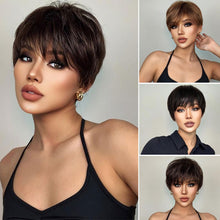Load image into Gallery viewer, Synthetic Short Pixie Cut Dark Brown Wigs Natural Straight Layered Wig with Fluffy Bangs for Daily Women Heat Resistant Wig