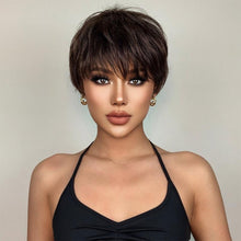 Load image into Gallery viewer, Synthetic Short Pixie Cut Dark Brown Wigs Natural Straight Layered Wig with Fluffy Bangs for Daily Women Heat Resistant Wig