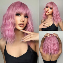 Load image into Gallery viewer, Women's Medium Length Wig Water Ripple Curly Wig Wigs with Bangs Female Pink Wig Heat Resistant Synthetic Hair Lolita Hair